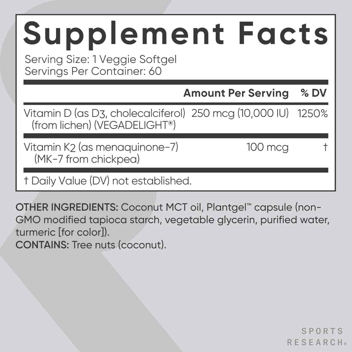 Tabla nutricional del suplemento Sports Research Vitamina D3 y K2 60 cápsulas blandas