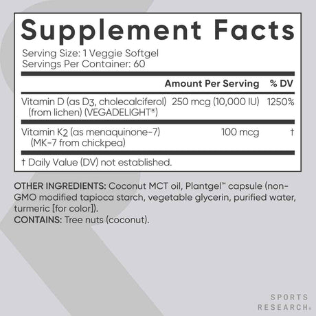 Tabla nutricional del suplemento Sports Research Vitamina D3 y K2 60 cápsulas blandas