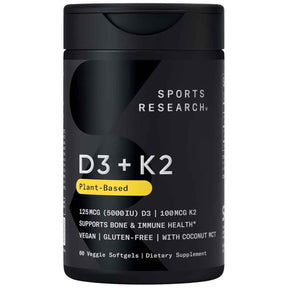 Frasco de suplemento Sports Research Vitamina D3 + K2 60 cápsulas blandas