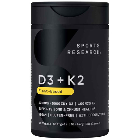 Frasco de suplemento Sports Research Vitamina D3 + K2 60 cápsulas blandas