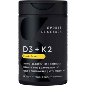 Frasco de suplemento Sports Research Vitamina D3 y K2 60 cápsulas blandas