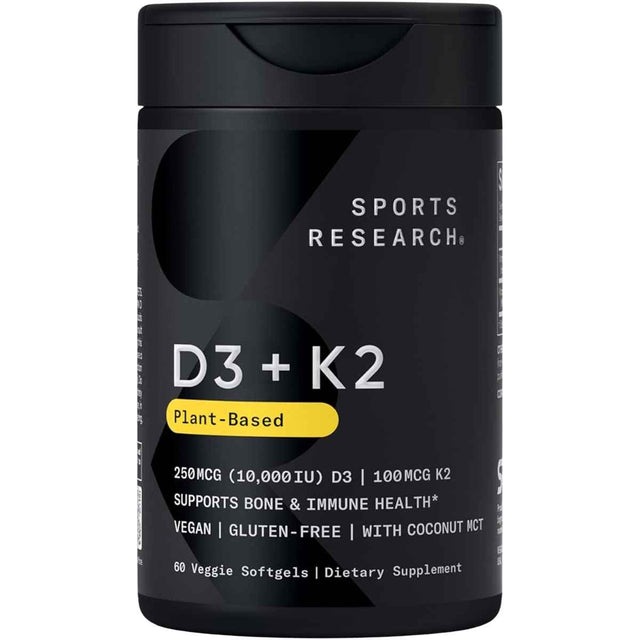 Frasco de suplemento Sports Research Vitamina D3 y K2 60 cápsulas blandas
