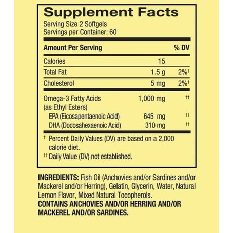Etiqueta del suplemento Spring Valley Omega‑3 Mini con información nutricional, EPA y DHA por porción.
