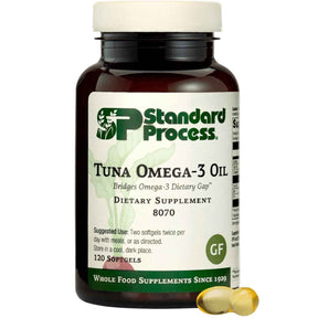 Frasco frontal de Standard Process aceite de atún omega 3 con 120 cápsulas blandas.
