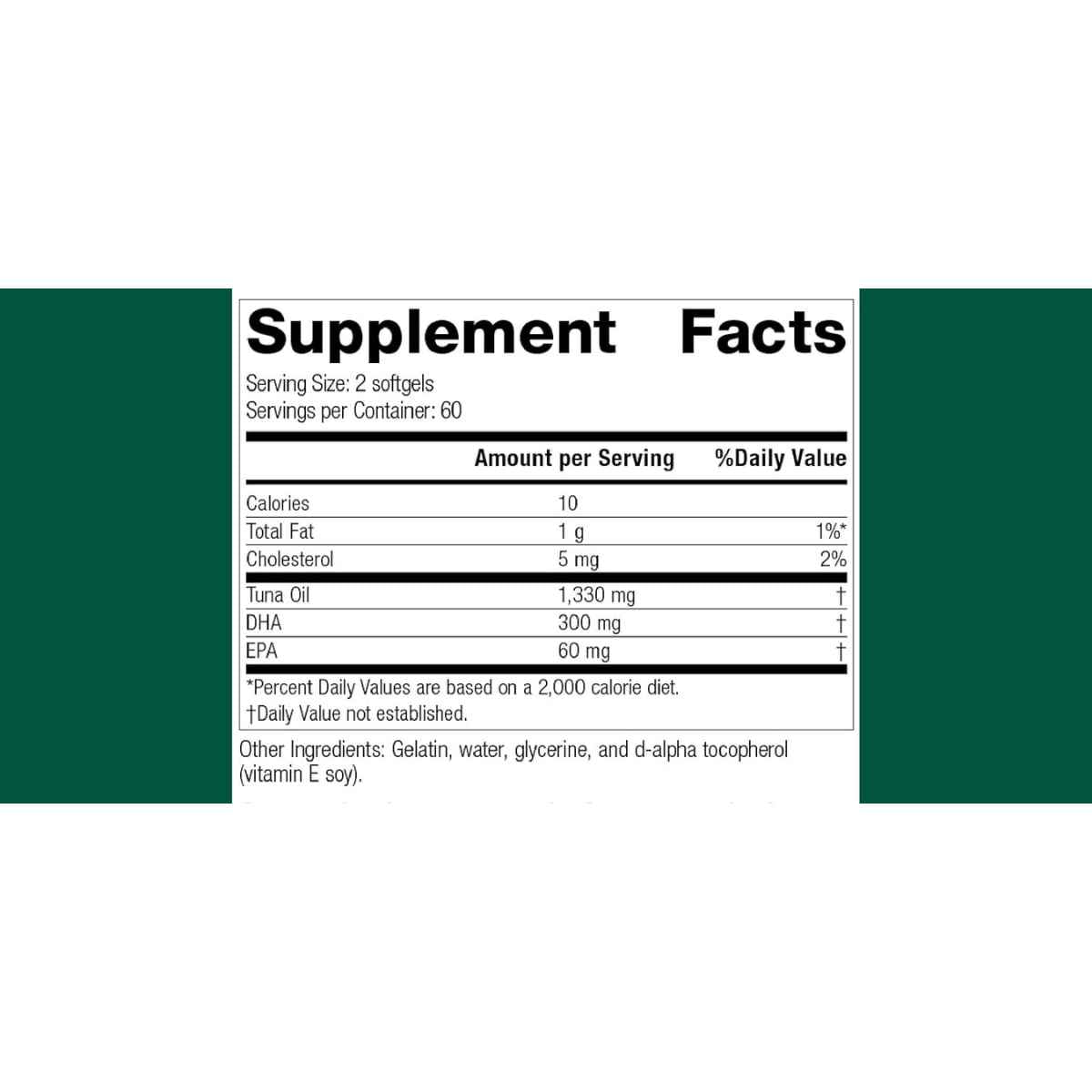 Panel de información del suplemento de Standard Process aceite de atún omega 3 con DHA y EPA por porción.