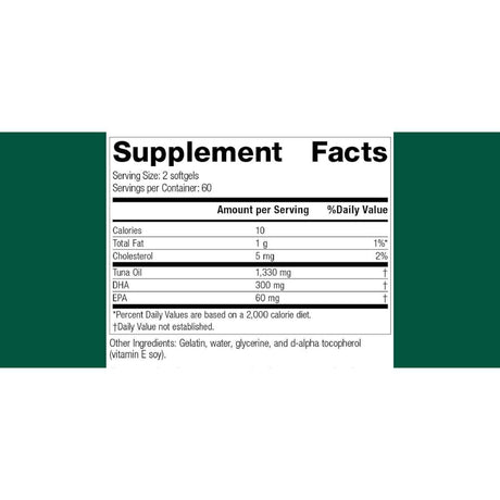 Panel de información del suplemento de Standard Process aceite de atún omega 3 con DHA y EPA por porción.