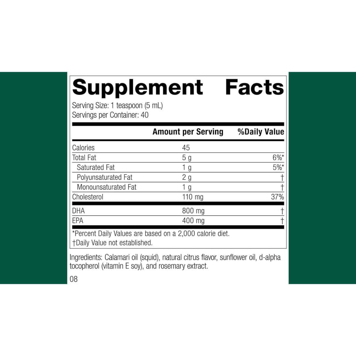 Panel de información del suplemento de Standard Process aceite de calamar con omega 3, DHA y EPA.
