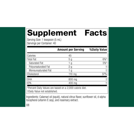 Panel de información del suplemento de Standard Process aceite de calamar con omega 3, DHA y EPA.