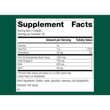 Panel de información del suplemento de Standard Process Olprima DHA con 620 mg de DHA por porción.