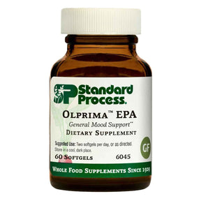 Frasco frontal de Standard Process Olprima EPA con 60 cápsulas blandas.