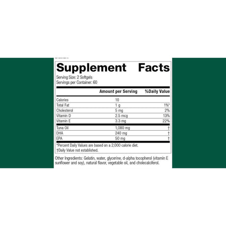 Panel de información del suplemento de Standard Process omega 3 de atún con DHA, EPA, vitamina D y vitamina E.