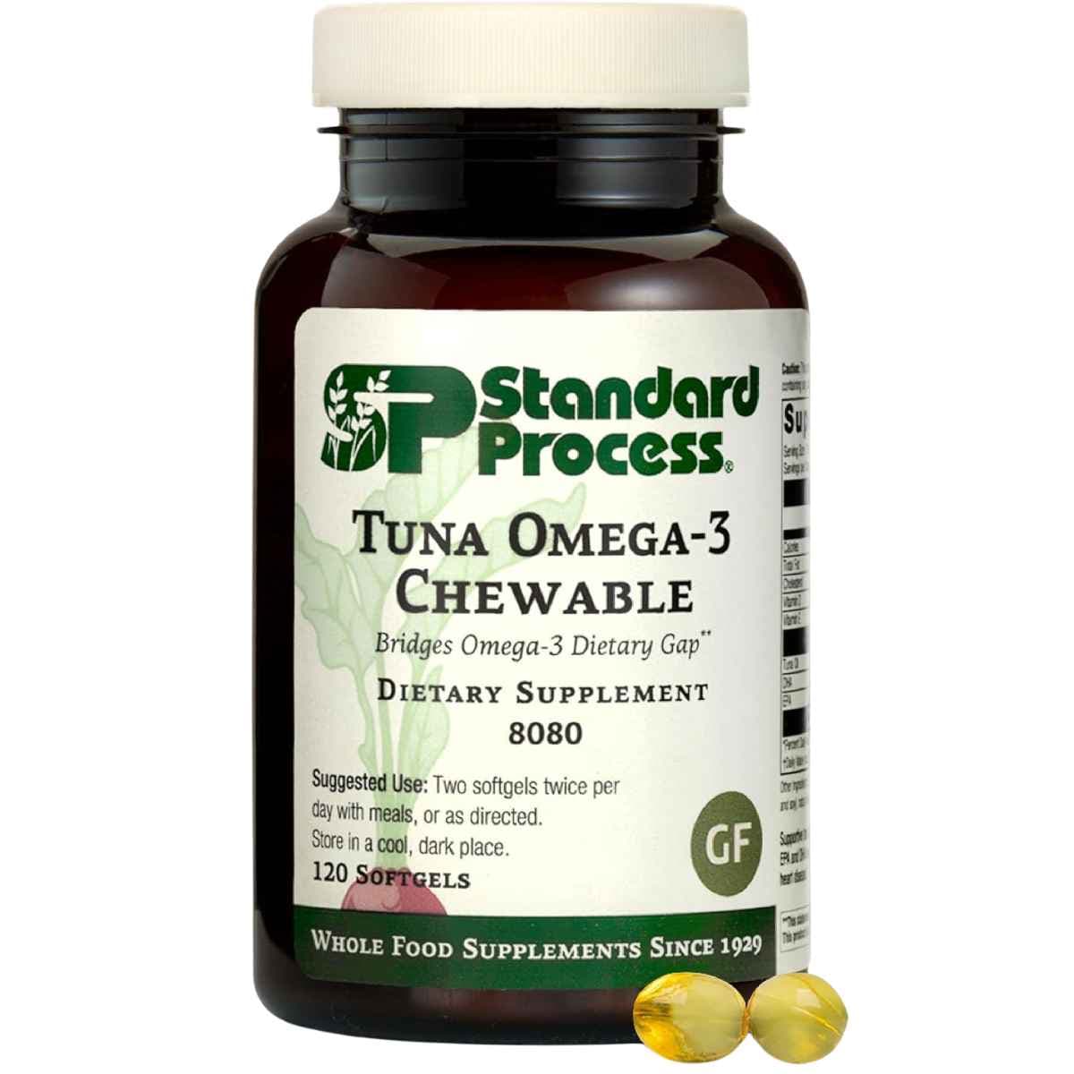 Frasco frontal de Standard Process omega 3 masticable de atún con 120 cápsulas blandas.