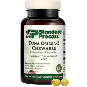 Frasco frontal de Standard Process omega 3 masticable de atún con 120 cápsulas blandas.