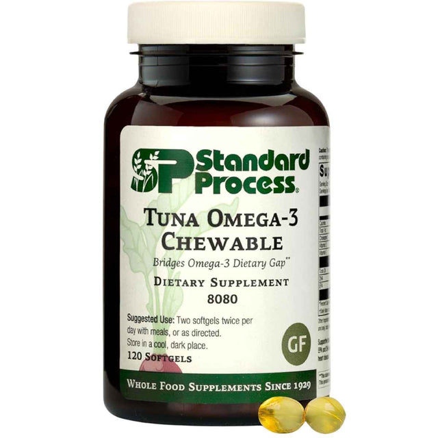 Frasco frontal de Standard Process omega 3 masticable de atún con 120 cápsulas blandas.