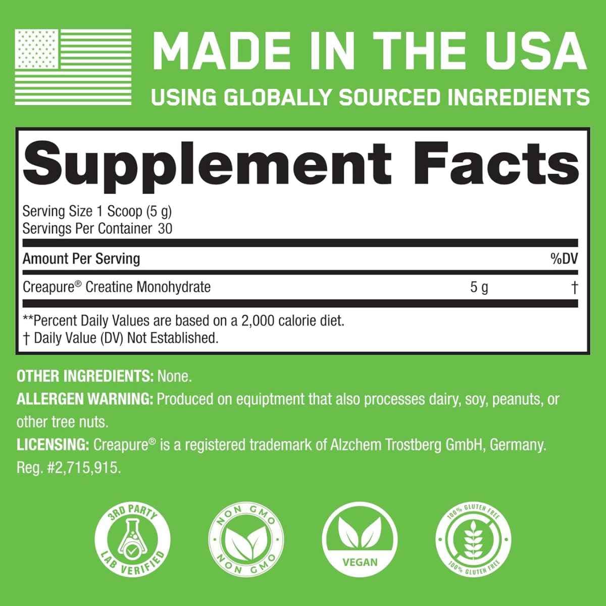 Etiqueta de SteelFit Creatine Monohydrate con creatina monohidratada Creapure de 5 g por porción