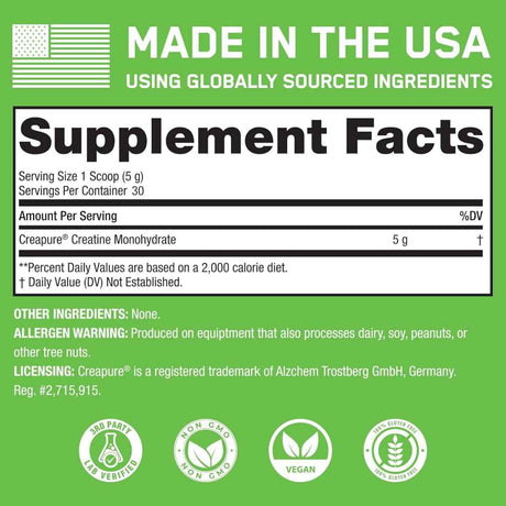 Etiqueta de SteelFit Creatine Monohydrate con creatina monohidratada Creapure de 5 g por porción