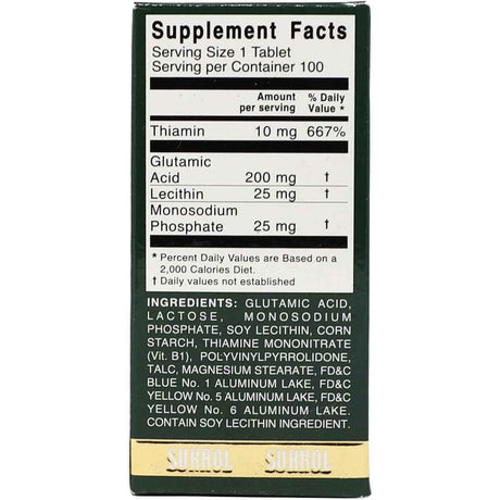 Tabla nutricional del suplemento Sukrol Ácido Glutámico Lecitina y Tiamina 100 tabletas
