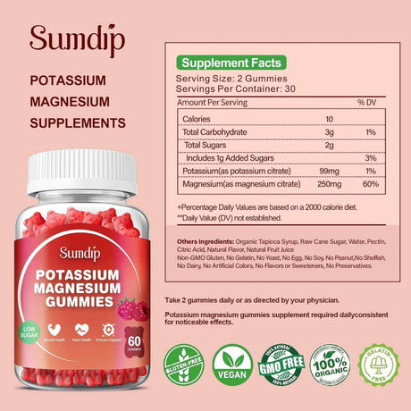 Tabla nutricional de Sumdip Citrato de Potasio y Magnesio con información de porciones e ingredientes