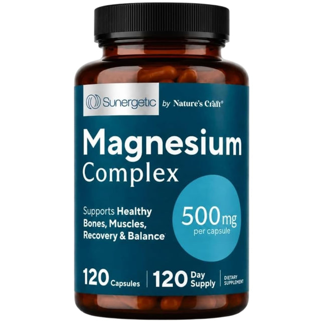 Frasco frontal de Sunergetic complejo de magnesio con citrato y óxido, 500 mg por cápsula, 120 cápsulas