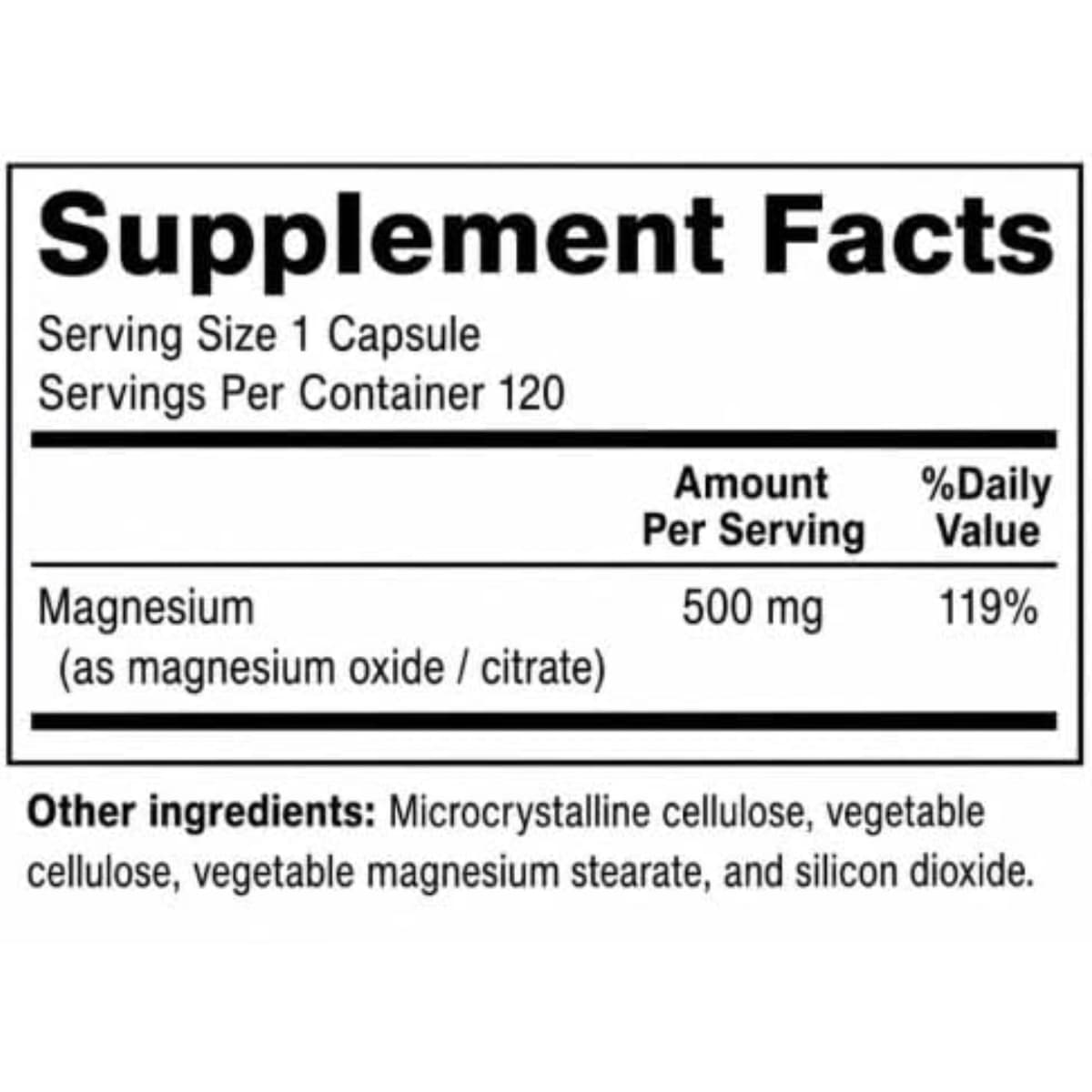 Información del suplemento de Sunergetic complejo de magnesio con 500 mg por cápsula como citrato y óxido