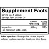 Información del suplemento de Sunergetic complejo de magnesio con 500 mg por cápsula como citrato y óxido
