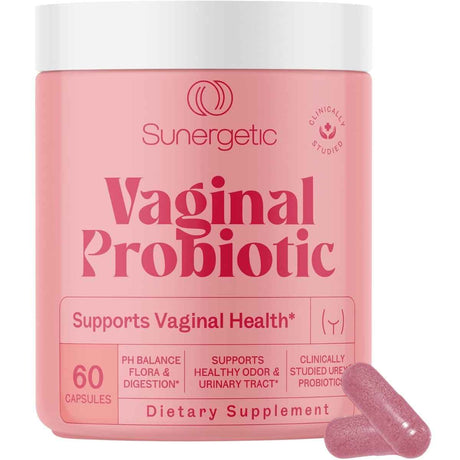 Frasco de suplemento Sunergetic Probiótico Vaginal 60 cápsulas