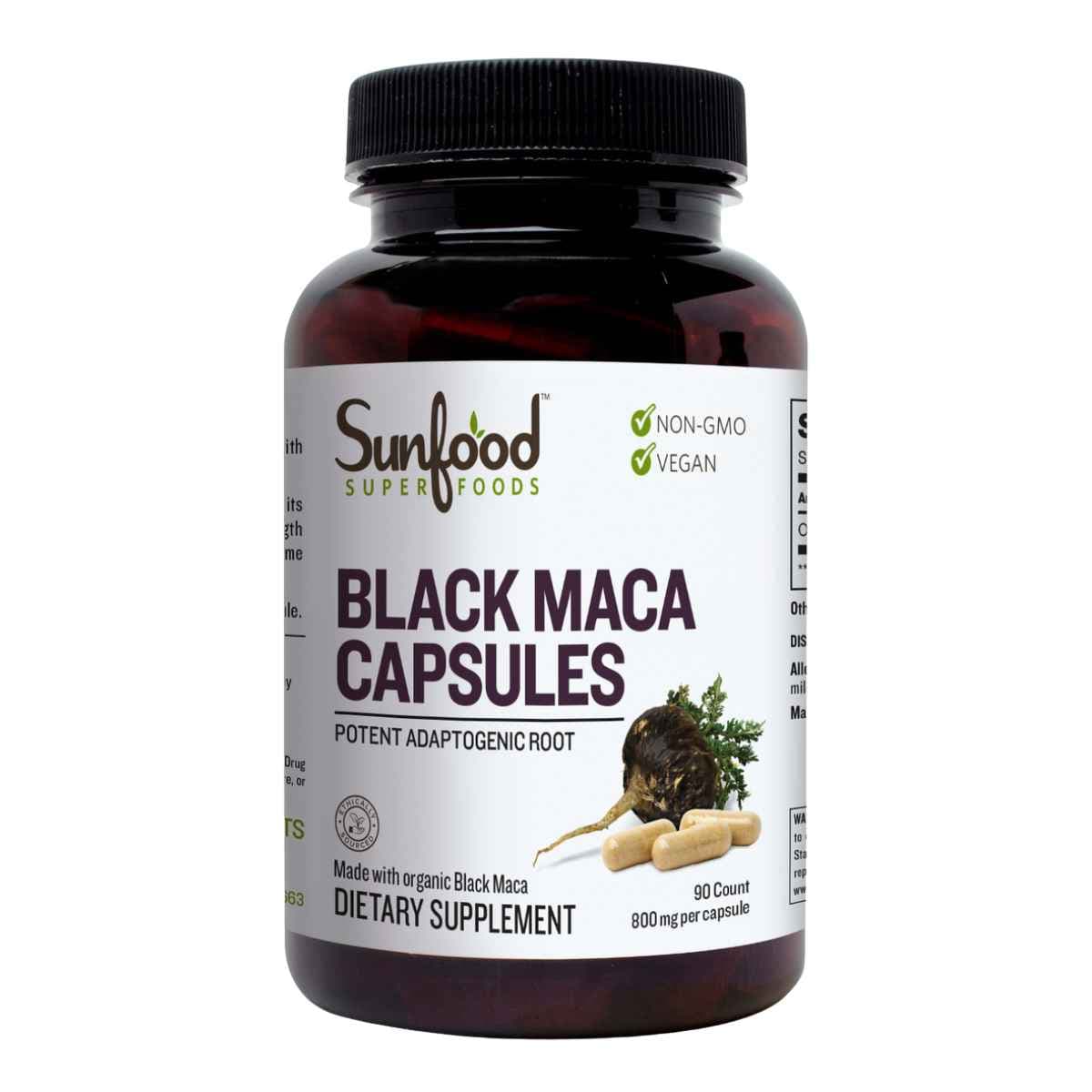 Frasco de suplemento Sunfood Maca Orgánica Gelatinizada 800 mg 90 Cápsulas