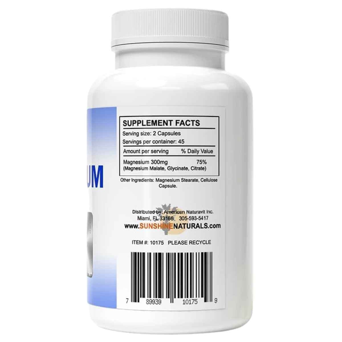 Información del suplemento de Sunshine Naturals complejo de magnesio con 300 mg por porción de 2 cápsulas.