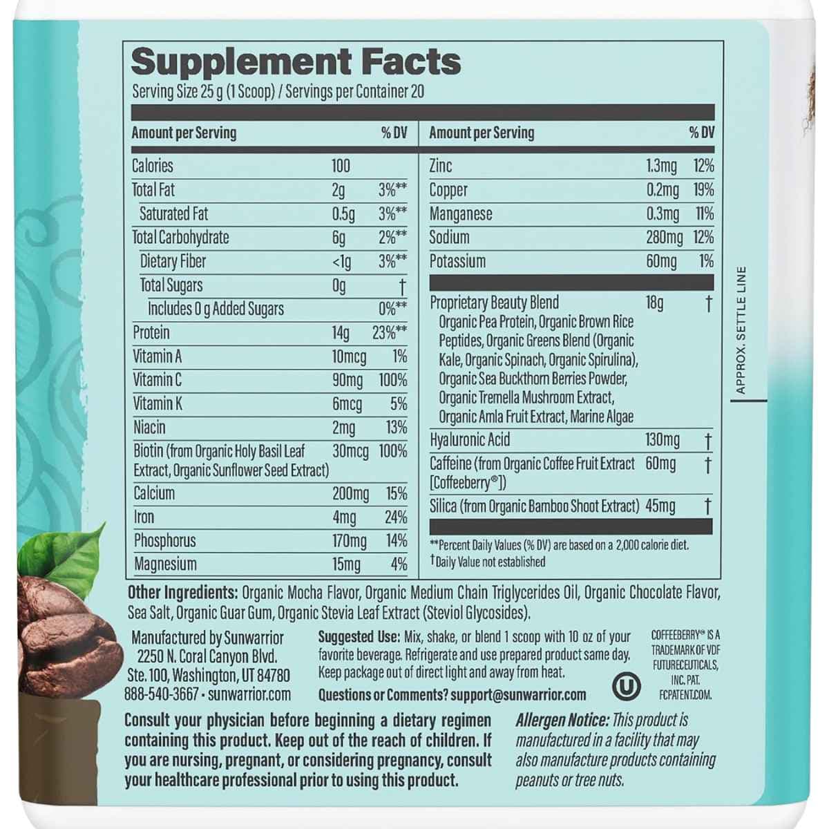 Información del suplemento de Sunwarrior Collagen Building Protein Peptides sabor Café