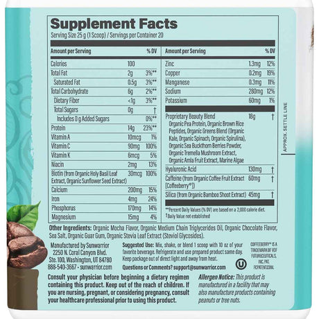 Información del suplemento de Sunwarrior Collagen Building Protein Peptides sabor Café