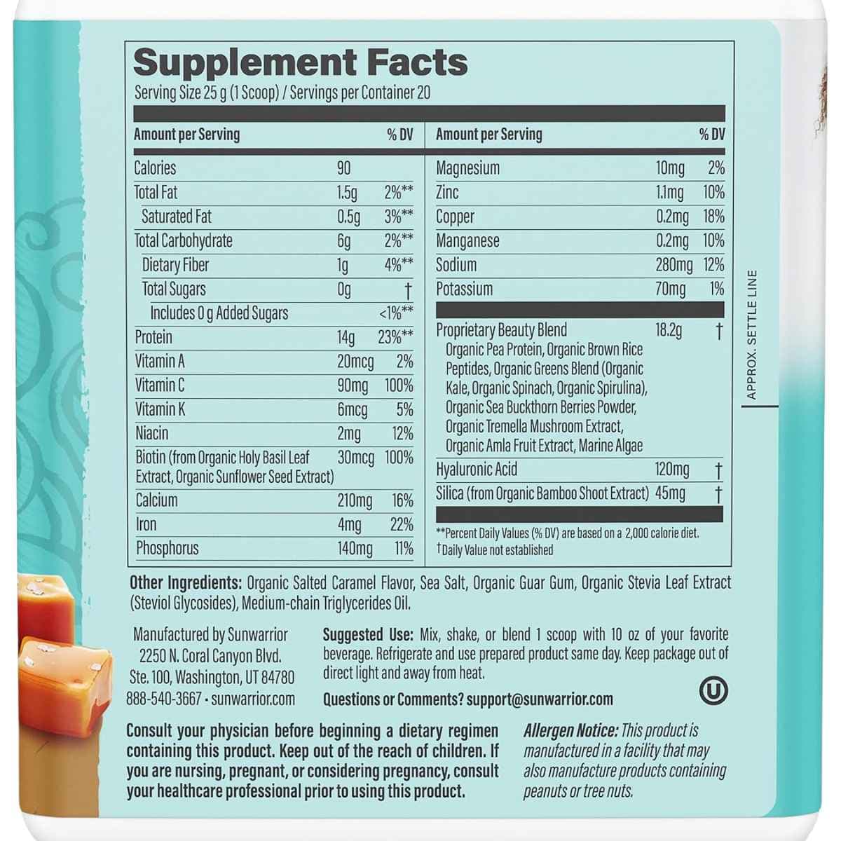 Información del suplemento de Sunwarrior Collagen Building Protein Peptides sabor Caramelo salado