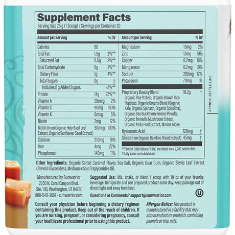 Información del suplemento de Sunwarrior Collagen Building Protein Peptides sabor Caramelo salado