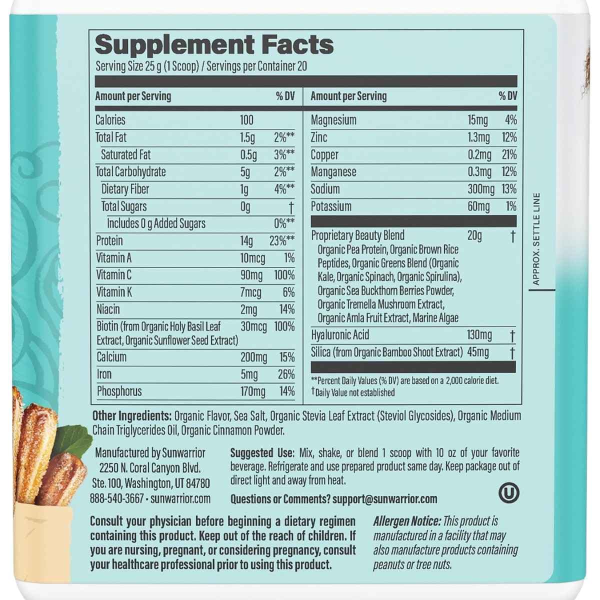 Información del suplemento de Sunwarrior Collagen Building Protein Peptides sabor Churro
