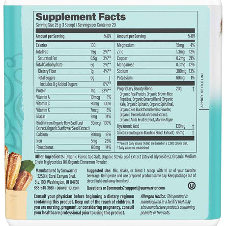 Información del suplemento de Sunwarrior Collagen Building Protein Peptides sabor Churro