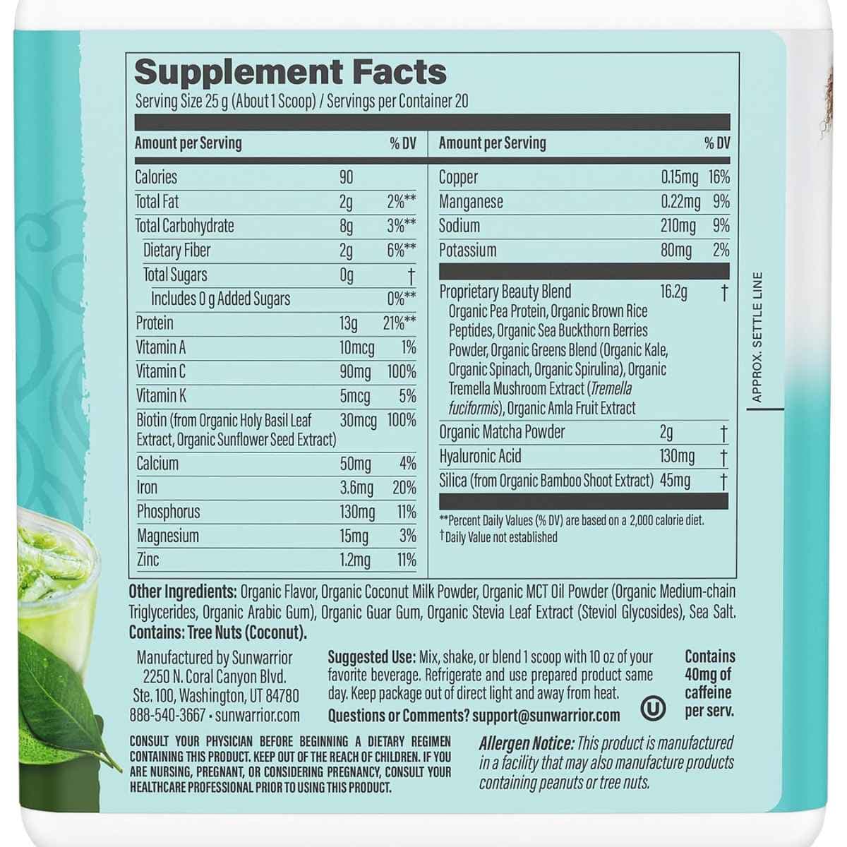 Información del suplemento de Sunwarrior Collagen Building Protein Peptides sabor Matcha coco