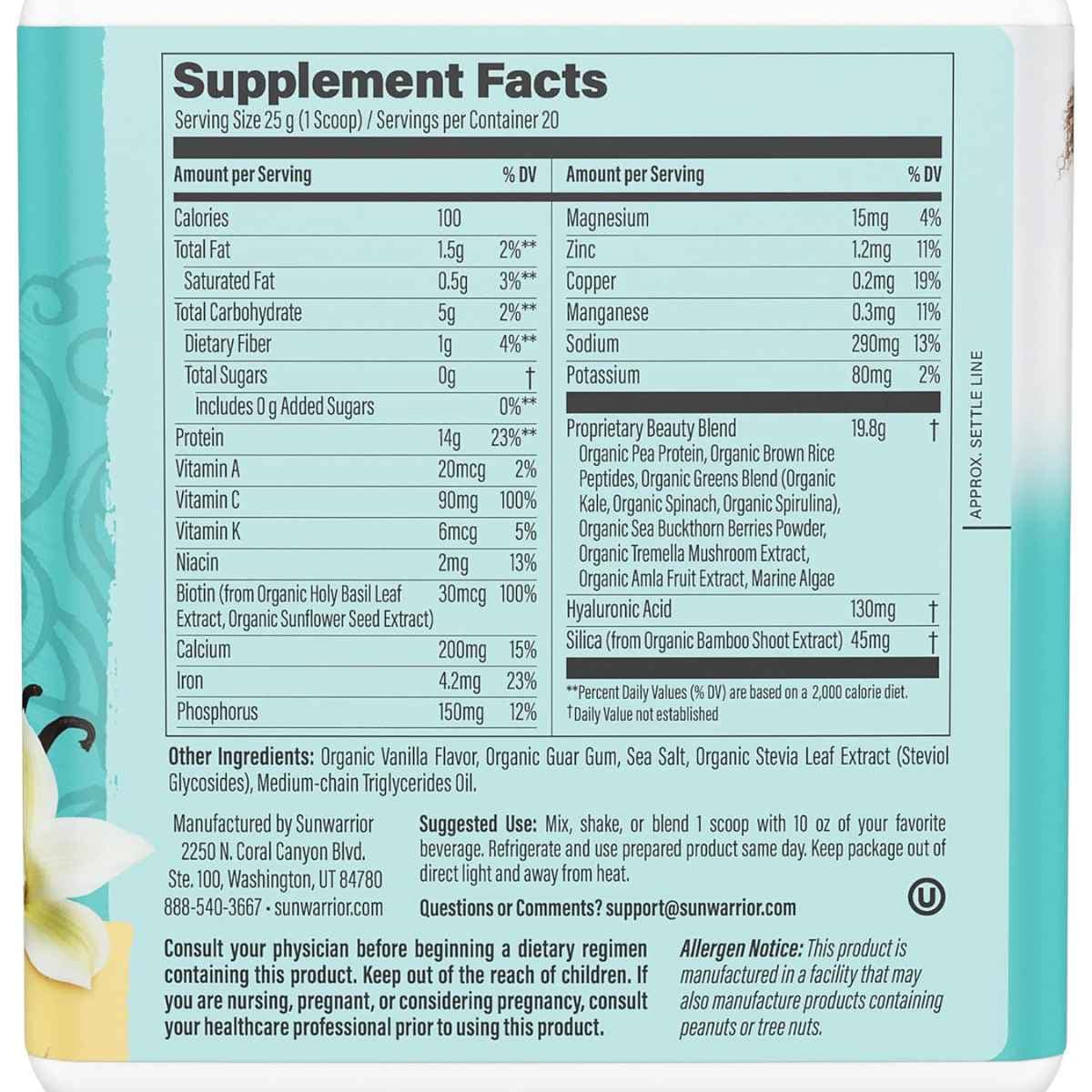 Información nutricional de Sunwarrior Collagen Building Protein Peptides sabor Vainilla Tahitiana.