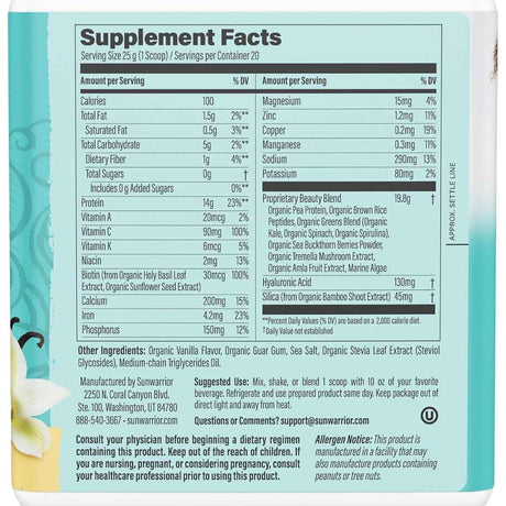 Información nutricional de Sunwarrior Collagen Building Protein Peptides sabor Vainilla Tahitiana.