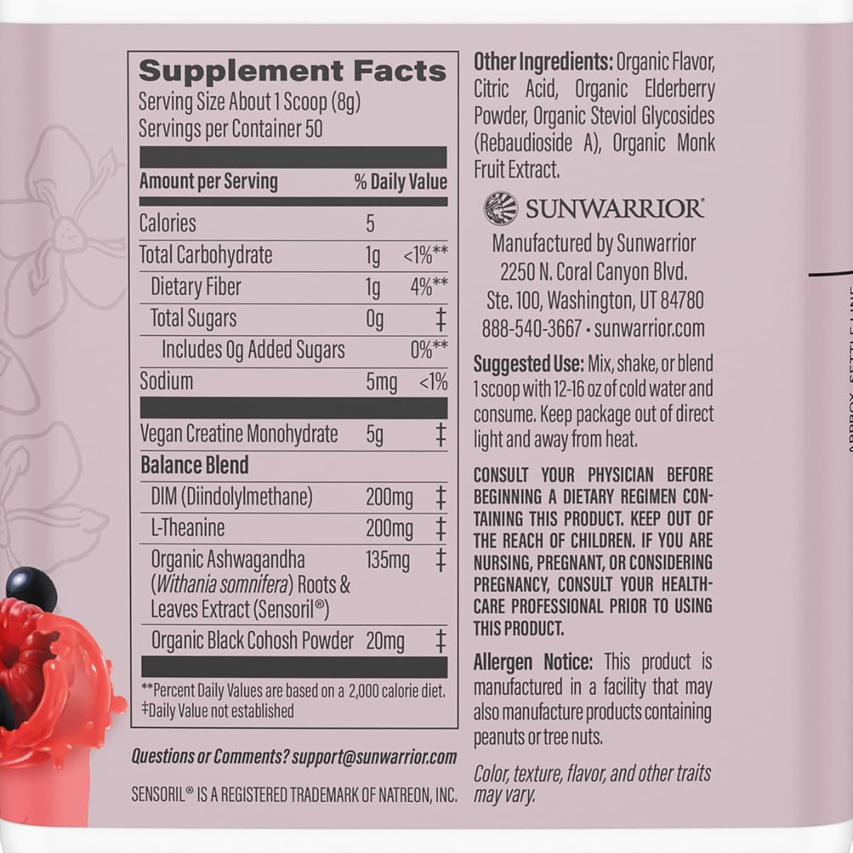 Tabla nutricional del suplemento Sunwarrior Creatina para Mujeres sabor Limonada de Frambuesa y Saúco 400g