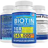 Frasco de suplemento Super Natural Goods Biotina, Colágeno y Queratina 5000 mcg 120 cápsulas