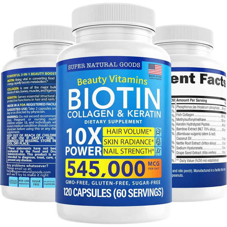 Frasco de suplemento Super Natural Goods Biotina, Colágeno y Queratina 5000 mcg 120 cápsulas