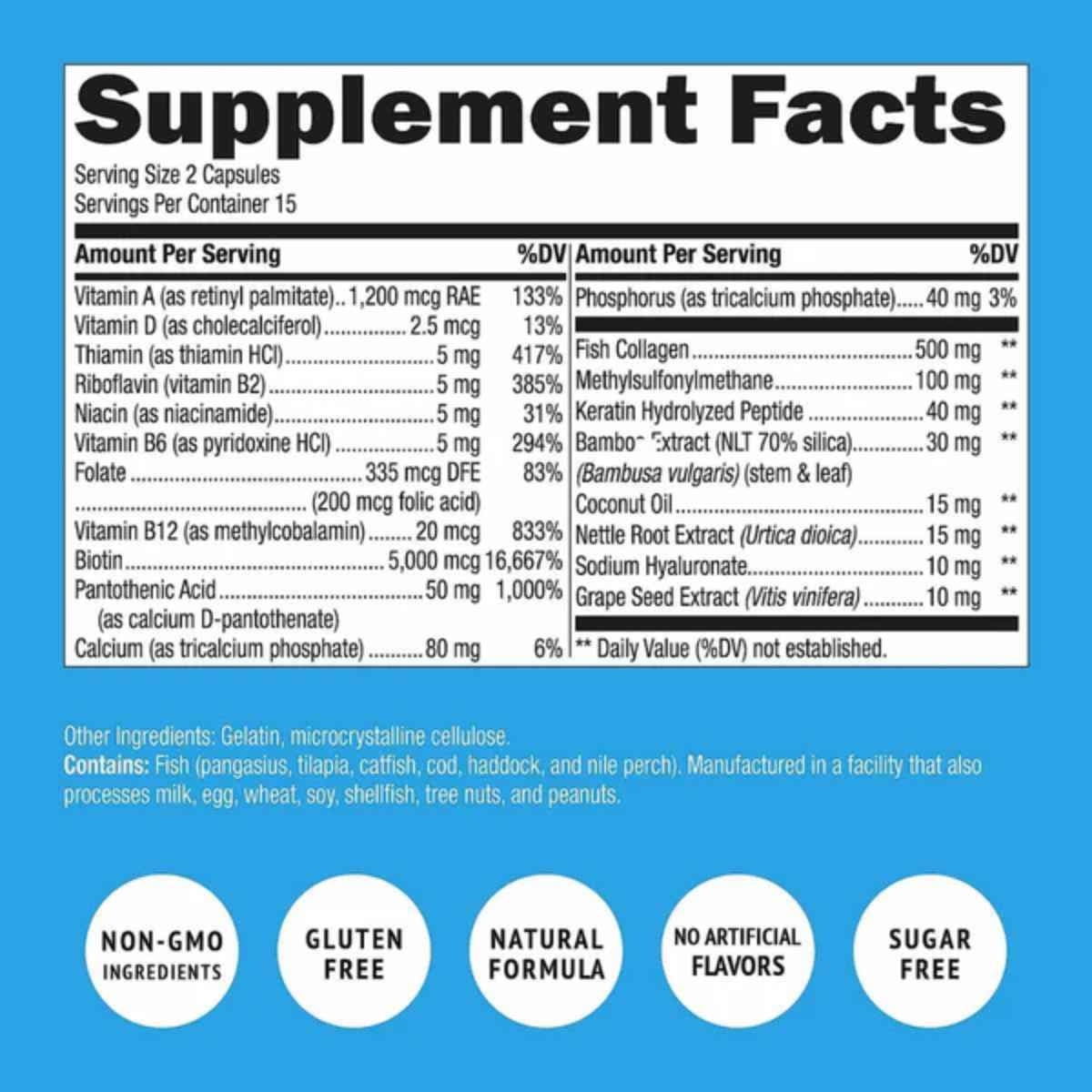 Tabla nutricional del suplemento Super Natural Goods Biotina, Colágeno y Queratina 5000 mcg 30 cápsulas