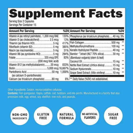 Tabla nutricional del suplemento Super Natural Goods Biotina, Colágeno y Queratina 5000 mcg 30 cápsulas