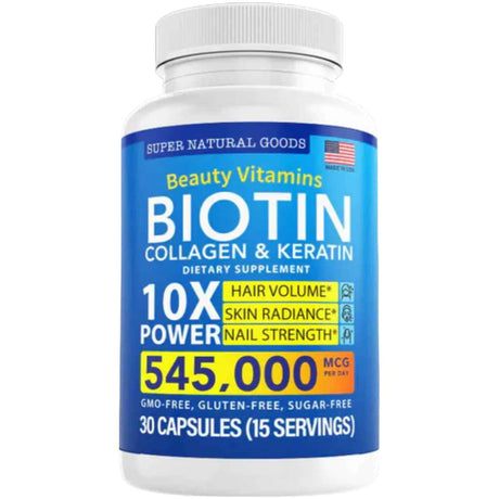 Frasco de suplemento Super Natural Goods Biotina, Colágeno y Queratina 5000 mcg 30 cápsulas
