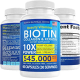 Frasco de suplemento Super Natural Goods Biotina, Colágeno y Queratina 5000 mcg 60 cápsulas
