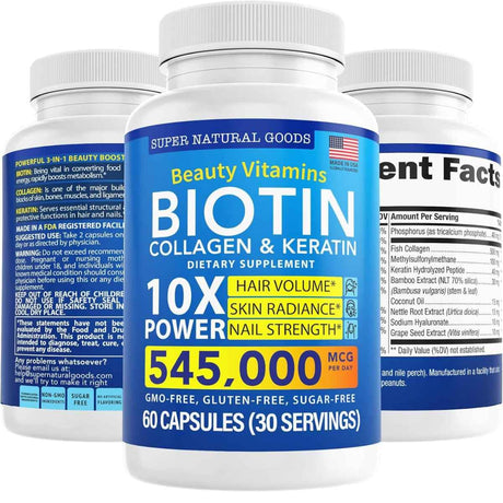 Frasco de suplemento Super Natural Goods Biotina, Colágeno y Queratina 5000 mcg 60 cápsulas