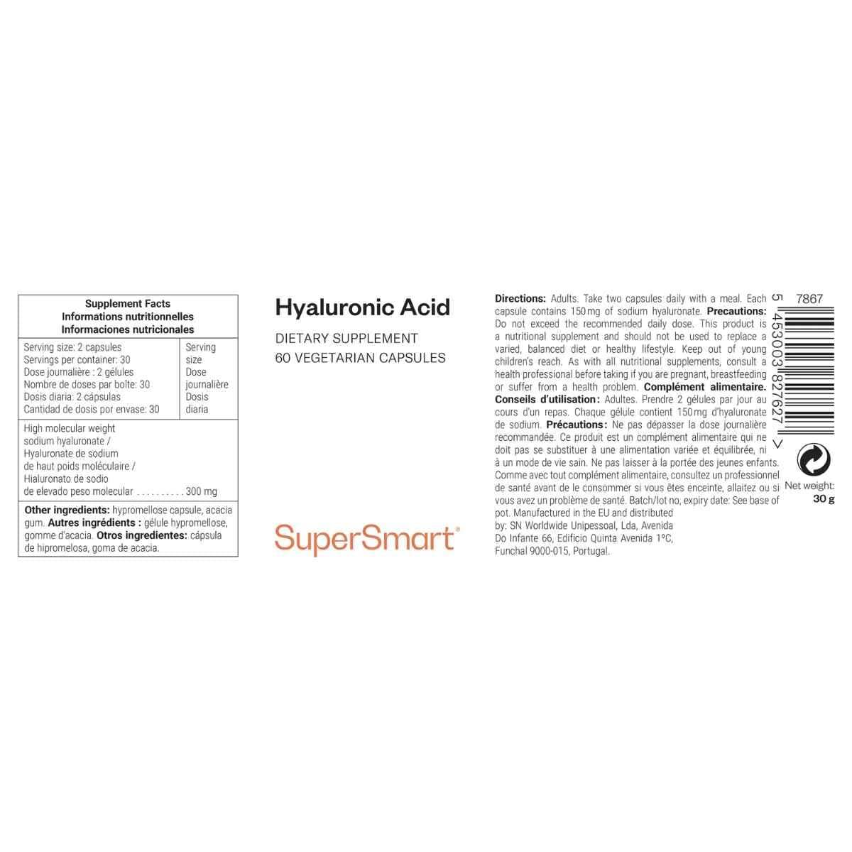 Tabla nutricional del suplemento SuperSmart Ácido Hialurónico 60 cápsulas