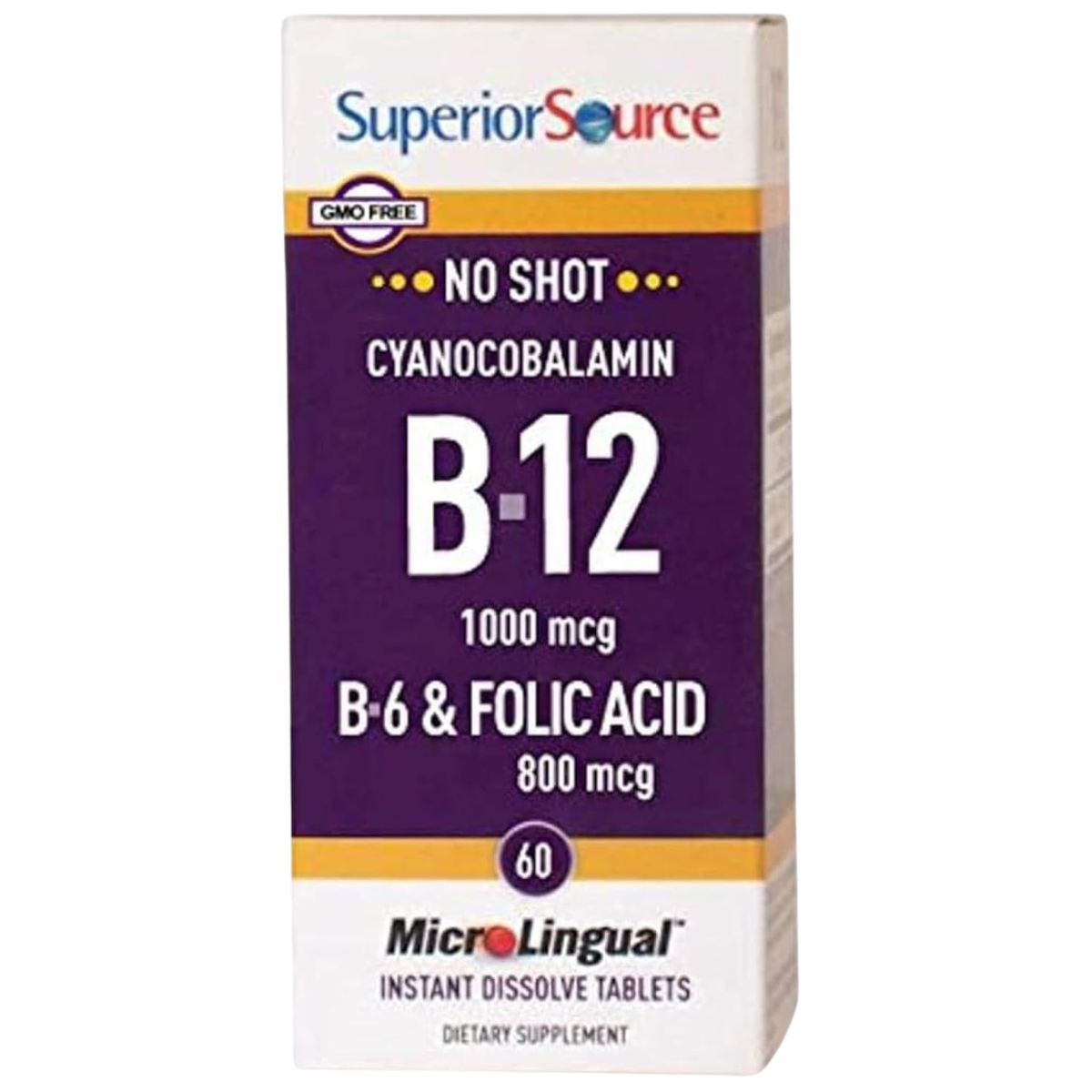 Frasco de suplemento Superior Source Cianocobalamina B-12 1000 mcg 60 tabletas