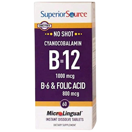 Frasco de suplemento Superior Source Cianocobalamina B-12 1000 mcg 60 tabletas