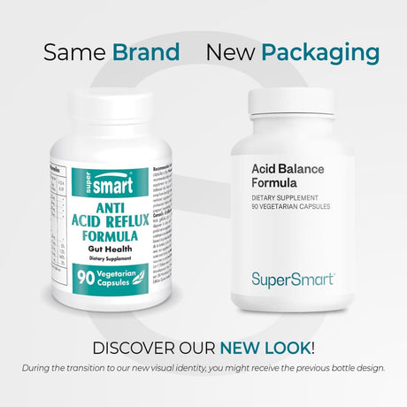 Comparación de empaque de SuperSmart Acid Balance Formula, 90 cápsulas vegetarianas.