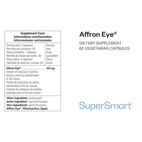 Tabla nutricional del suplemento SuperSmart Affron Eye 60 cápsulas